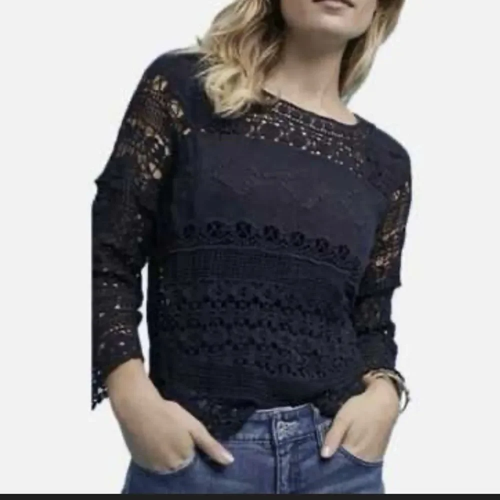 Anthropologie Deletta Crochet Lace Top Navy Blue Sz L Witchy Boho Coquette